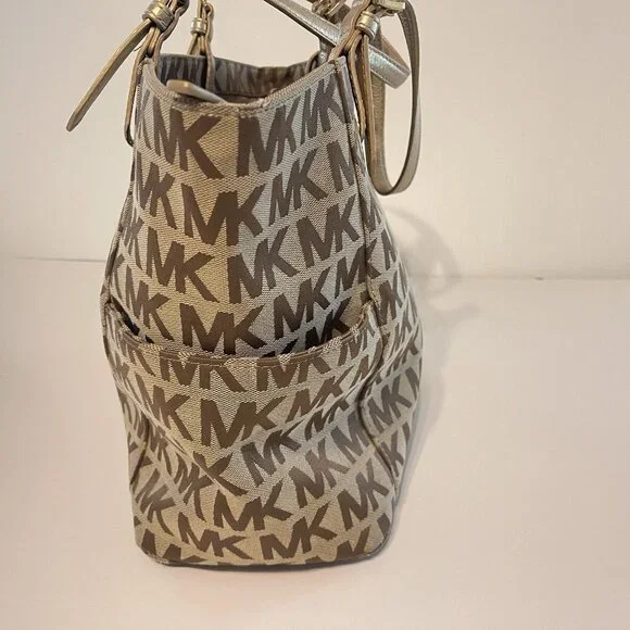 Michael Kors Jet Set Signature Logo Tote Handbag Large Brown Side Pockets - Picture 7 of 16